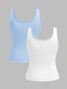 SHEIN Girlism Bộ 2 áo hai dây cổ tròn nhún bèo cho bé gái/thiếu niên, màu xanh dương & trắng, thích hợp mặc hàng ngày, đa năng, mặc ở nhà. - Xanh và trắng - Xem 2