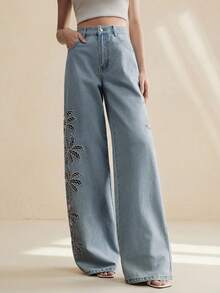 Anewsta Women's Fashionable Luxurious Sexy Hollow Embroidered Romantic Party Vacation Blue Straight Leg Jeans, Spring/Summer - Blue - View 6