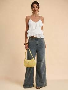 SHEIN BAE Áo hai dây bằng vải satin chiffon màu mơ, kiểu dáng bất đối xứng, viền bèo nhún, thích hợp cho nữ, trang phục xuân hè, bộ sưu tập xuân hè, mùa tựu trường, mùa tốt nghiệp, màu trắng tinh khiết, trang phục dự tiệc cưới, áo bèo nhún thanh lịch tối giản, kỳ nghỉ biển, trang phục dự tiệc cưới, áo chiffon mềm mại, bay bổng. - trắng - Xem 3