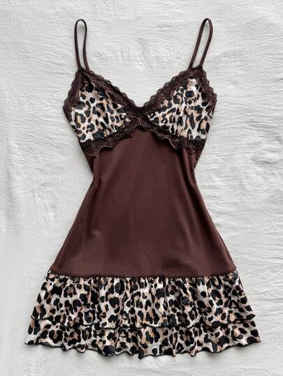 Elamini Đầm ngắn nữ mùa xuân/hè, họa tiết da báo Zone-D, thắt eo, tôn dáng, thiết kế dây mảnh, họa tiết da báo phối ghép, gấu đầm xếp lớp, đầm phong cách Mỹ cổ điển gợi cảm.