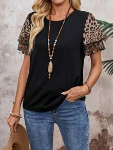 EMERY ROSE Valentine's Day Leopard Print Patchwork Pleated Sleeve Women's T-Shirt,Summer Top - Multicolor - View 4