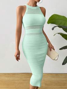 Clasi Vestido de suéter casual minimalista sin mangas con textura perforada y plisado para mujer - Negro - Ver 10