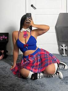 Whyspr Plus Size Women's Red & Blue Plaid Camisole Crop Top And Mini Skirt 2-Piece Set, Sexy Matching Outfit For Summer - Multicolor - View 4