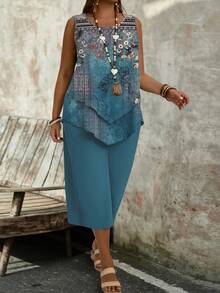 SHEIN LUNE Conjunto casual feminino plus size de duas peças, estampa floral vintage azul, verão - Multicolorido - Ver 5