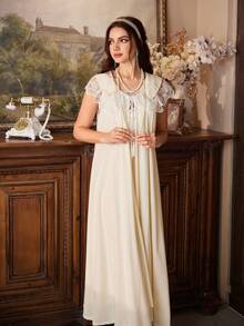 PalaceNights 2pcs Women Sleepwear Set: Collar Tie Tassel Robe + Camisole Nightgown - Apricot - View 1