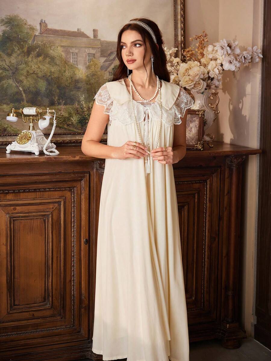 PalaceNights 2pcs Women Sleepwear Set: Collar Tie Tassel Robe + Camisole Nightgown - Apricot - View 1