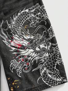 ROMWE MEN 男士水洗做旧印花休闲宽松直筒牛仔短裤 - 黑色 - 查看 5
