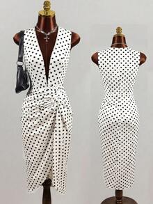 Elenzga Women's Deep V-Neck Polka Dot Ruched Slit Design Elegant Waist Cinched Party Dress - Black and White - View 3