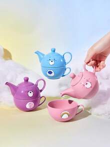 SHEIN X Care Bears 1件陶瓷杯壺套組，下午茶套組，1個茶壺、1個茶杯，耐冷熱，可用於微波爐與洗碗機，適用於水、牛奶、果汁、茶、咖啡等，Care Bear、Angry Bear、Share Bear - 藍色 - 查看 2