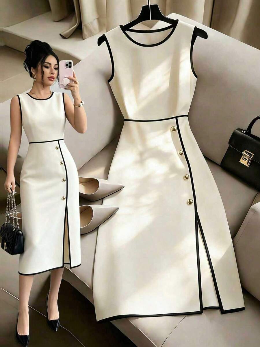 SHEIN Raffinéa 法式高端设计,性感百搭的黑白撞色装饰纽扣无袖连衣裙,优雅派对礼服,度假装,情人节装,黑白连衣裙,春夏连衣裙,沙滩装,撞色连衣裙 - 黑與白 - 查看 1