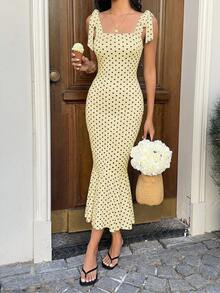 Sunnyshic Đầm maxi nữ màu đen trắng chấm bi thắt eo với viền bèo nhún, thích hợp cho kỳ nghỉ. - Nhiều màu - Xem 5