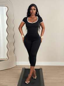 SHEIN BamGlam Women's Summer Fashion Contrast Trim Round Neck Jumpsuit - Black - View 5