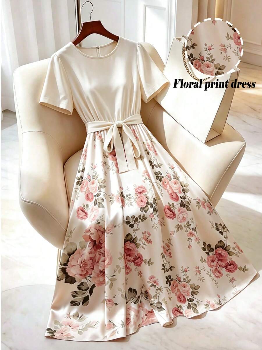 Đầm nữ cỡ lớn in họa tiết, cổ tròn, tay ngắn, dáng chữ A, rộng rãi, thanh lịch, thích hợp mặc hàng ngày, đi làm, đi nghỉ mát, mùa xuân/hè. - Nhiều màu - Xem 1