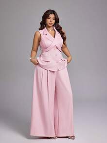 Viva Relle 大码无袖修身背心，休闲商务通勤套装 - 粉色 - 查看 1