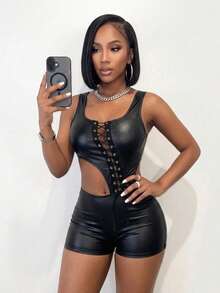 BamGleam Women's Fashionable Sexy Faux PU Material Lace-Up Bandage Side Hollow Romper,Black Criss-Cross Romper,Y2k Style,Party Outfit, Holiday Outfits,Music Festival Outfits - Black - View 3