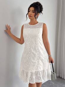 Cravure Plus Size Women's Spring/Summer Woven Embroidered Hollow-Out Double Ruffle Hem Dress Elegant - White - View 3