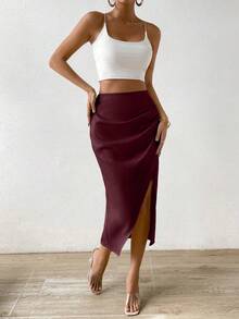 Glamine Elegant Commuter Solid Color Wrap-Around Slit Skirt - Burgundy - View 4