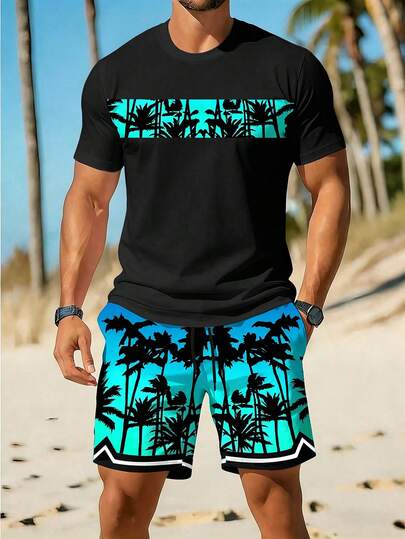 Manfinity RSRT 男士休闲热带植物印花圆领短袖T恤和短裤套装