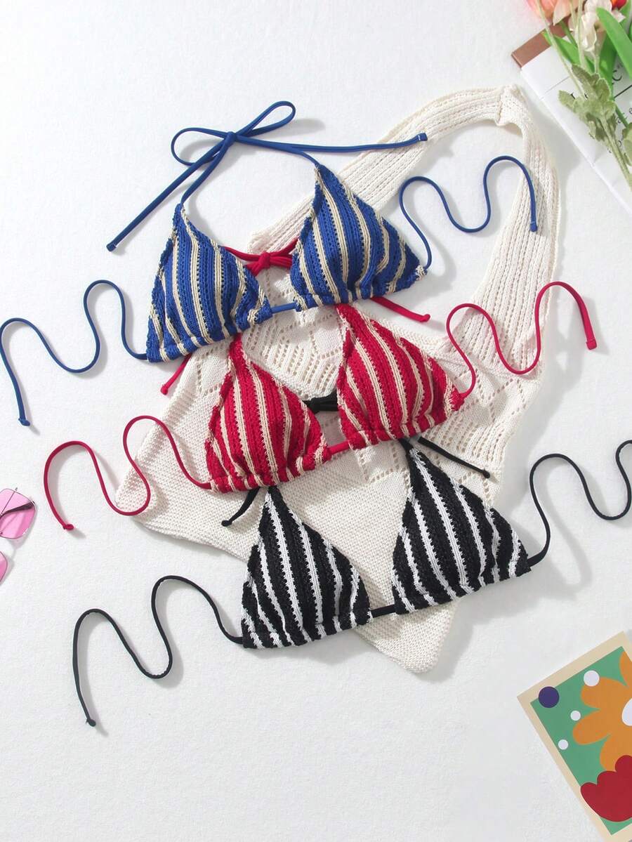 Swim Vcay 3pcs Women's Swimwear Top Set Textured Beige Red Striped Black And White Striped Bikini Top Summer Casual Sexy Beach Vacation Style Bathing Suits Tops - Multicolor - View 1