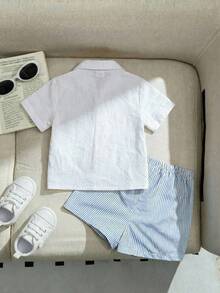 2pcs/Set Baby Boy Contrast Color Striped Decor Pocket Front Collar Short Sleeve Shirt & Shorts Set - Blue - View 8