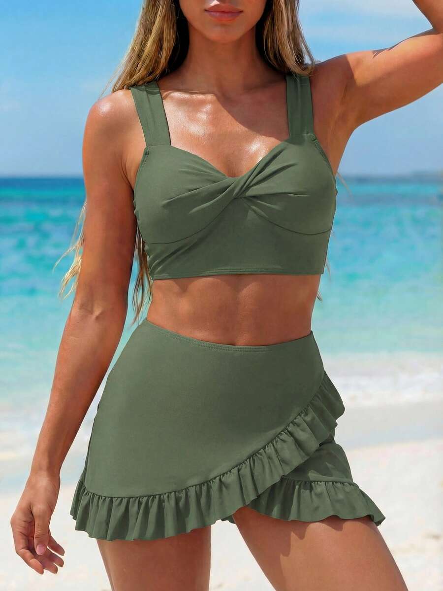 SHEIN Swim Women Summer Beach Solid Twist Bikini Set With Cover Up Skirt - Army Green - View 1