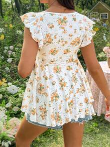 SHEIN Camiseta casual de verano con cuello en V, volantes y estampado floral para embarazadas - Amarillo - Ver 2