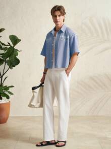 Camisa de manga corta de solapa única con estampado de rayas y letras para hombres - Azul Marino - Ver 5