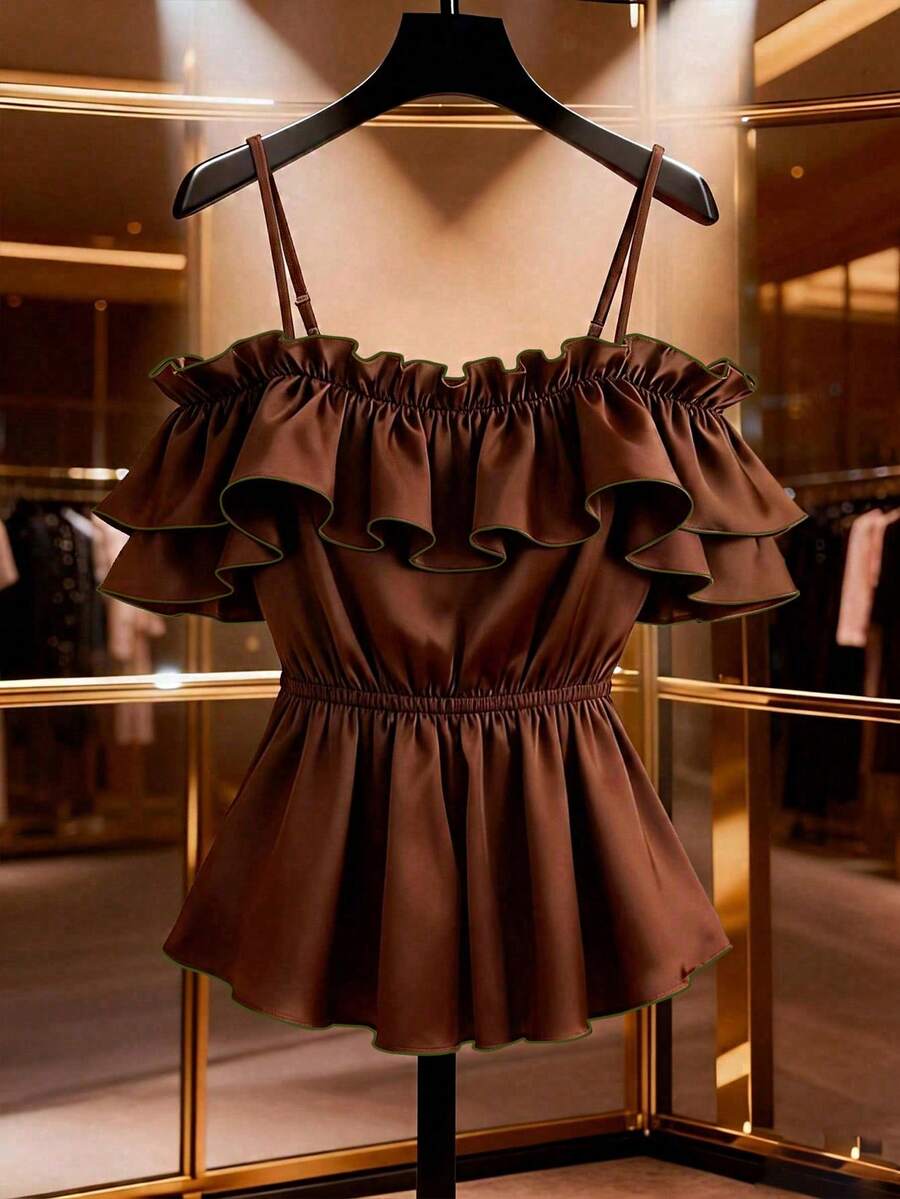 Franclia Plus Size Women's Elegant Solid Color Satin Fabric Gym Brown Summer - Brown - View 1