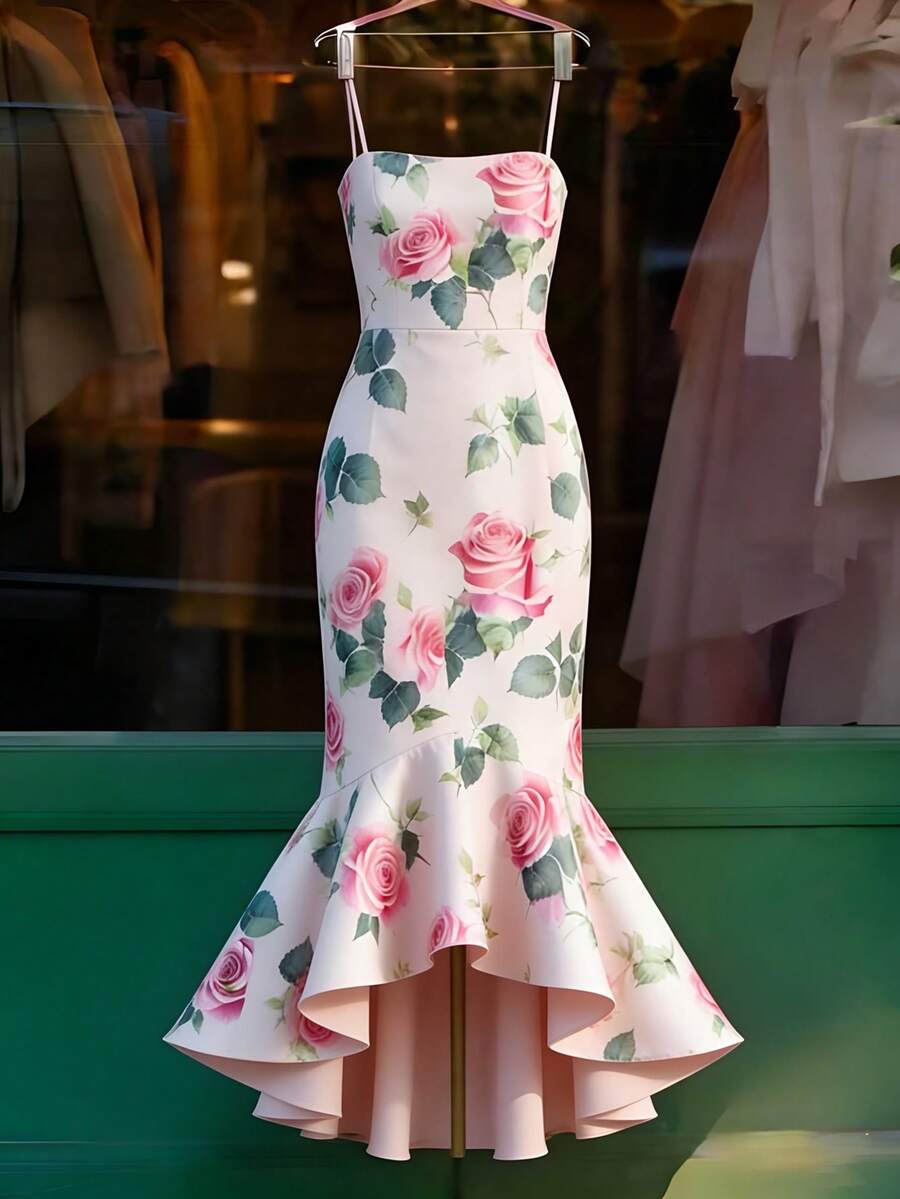 SHEIN Franclia Robe élégante à motif rose avec ourlet sirène, robe d'été à bretelles fines convenant pour le port quotidien et les vacances - Multicolore - Voir 1