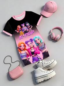 Young Girls Casual K-POP Singer Cartoon Pattern Black & Pink Ombre Color Block Knit Dress,Comfortable Back-To-School School Outfit For Summer - Multicolor - View 3