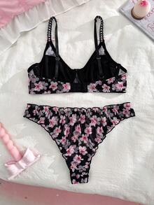 PetitDoll 2pcs Black Printed Wire-Rimmed Bra & Panty Set For Women - Multicolor - View 4