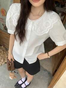 DAZY Women's Hollow Embroidered Petal Sleeve Single-Breasted Blouse Summer - White - View 4