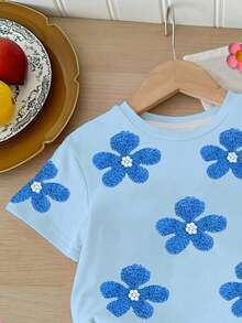 SHEIN 2pcs Baby Girl Casual Cute Textured Floral Pattern Cream Blue Round Neck Short Sleeve T-Shirt And Leggings Set, Suitable For Spring/Summer - Multicolor - View 4