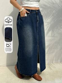 Dazy Plus Plus Size Dark Washed Blue Distressed Front Slit Casual Vacation Maxi Denim Skirt, Spring/Summer - Dark Wash - View 1