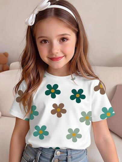 Girls' Floral Print Round Neck Short Sleeve T-Shirt, Minimalist Casual Style Suitable For Spring And Summer