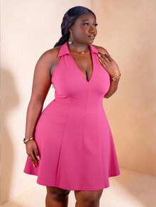 CurvyTilda 加大码纯色连衣裙，女士生日派对礼服 - 玫紅色 - 查看 4