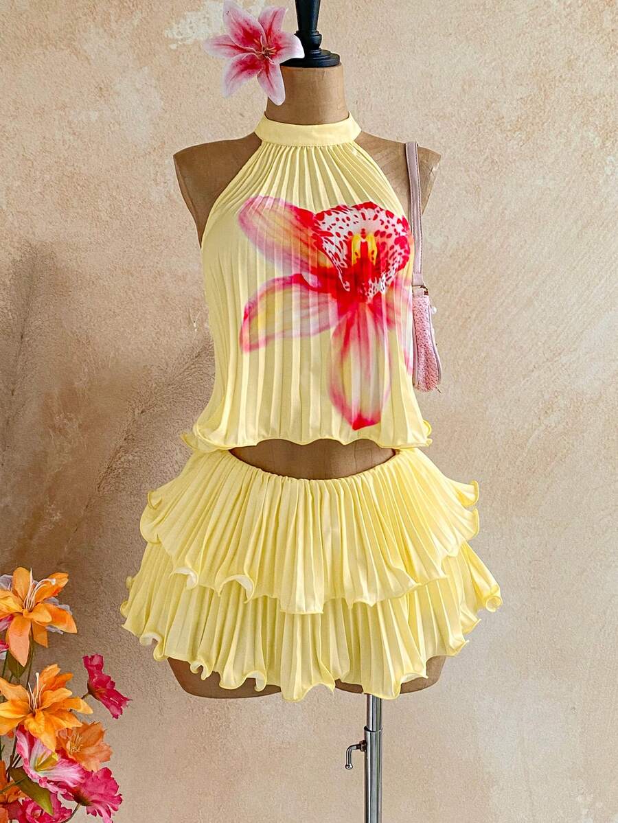 Soleia 女士碎花吊带系带露背休闲度假迷你连衣裙 - 黃色 - 查看 1