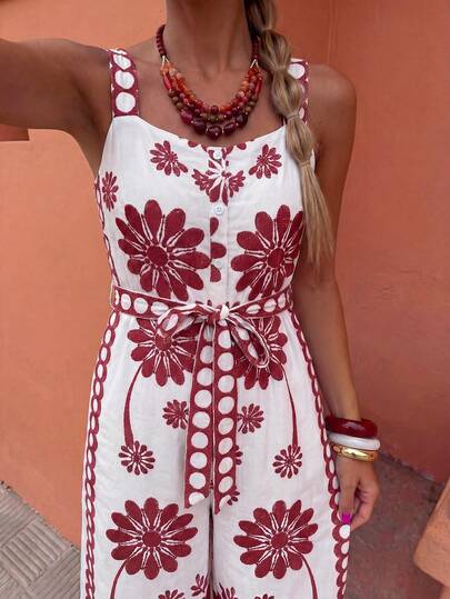 Flora Isola Flora Isola Women's Elegant Vacation Floral Print Square Neck Sleeveless Cinched Waist Wide Leg Jumpsuit, Spring/Summer