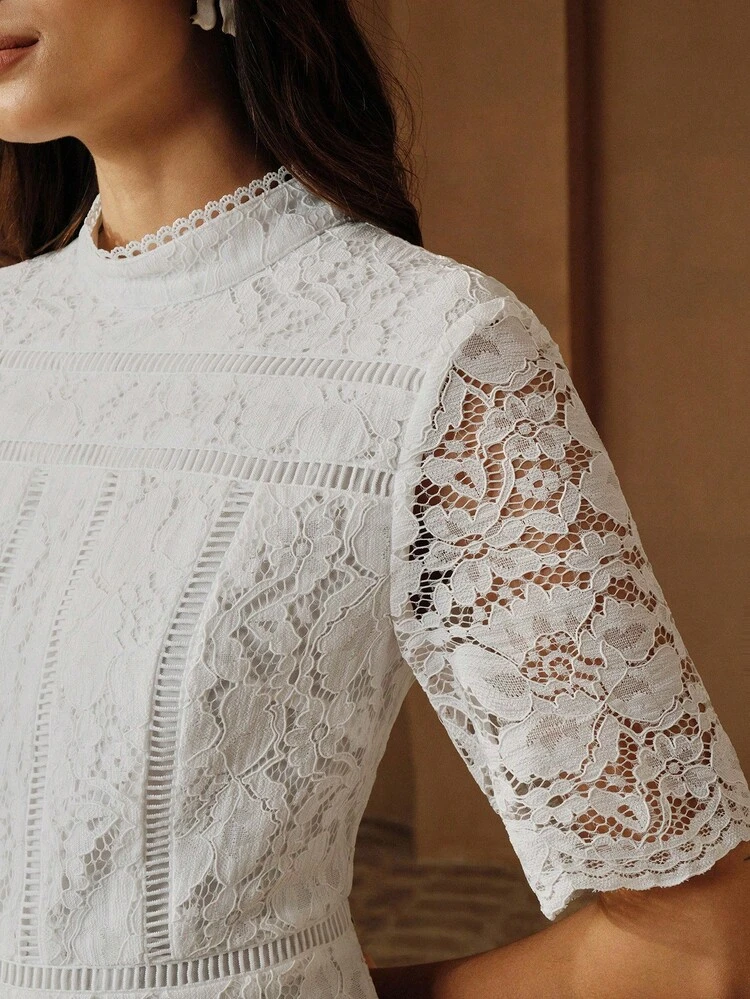 Women's Elegant Vacation/Party Fitted White Lace Short Sleeve Dress, Slimming, Spring/Summer