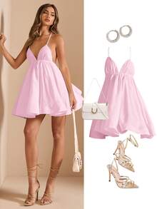 SHEIN BAE Weißes rückenfreies Kleid mit Bindeträgern und ausgestelltem Saum, sexy ärmelloses süßes Sommerkleid für Urlaub, Valentinstag, Brautjungfer, Hochzeit, Abschluss - Babypink - Übersicht 7