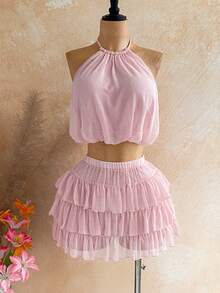 Soleia Women's Sexy Backless Tie-Front Cropped Top And Multi-Layer Ruffle Hem Mini Skirt 2-Piece Set, Suitable For Beach Vacation - Pink - View 5