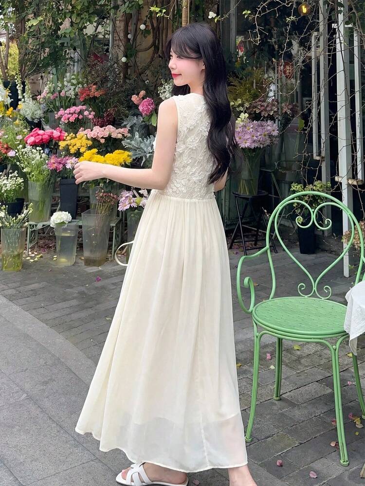 Contrast Lace Jacquard Fabric Waist-Cinching V-Neck Umbrella Dress, Sleeveless Elegant Summer Dress For Women