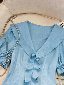 GlowEve Blouse à manches courtes avec volants effet denim bleu pour femmes - Bleu ciel - Voir 5
