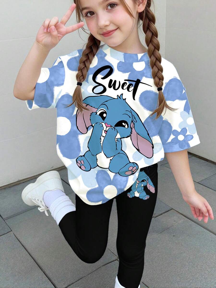 Kawaii Blue Rabbit Lulu & Stitch Pattern,Young Girls Casual Short Sleeve Tee 2-Piece Set,Back-To-School Summer School Outfits,Korean Style Floral Tops - Multicolor - View 1