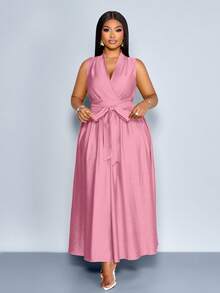 Vestido de talla grande de primavera/verano, nueva llegada, unicolor, tipo lino, con cinturón, cuello en V, sin mangas, proceso especial, cintura elástica, plisado, largo medio, corte A, adecuado para uso diario, reuniones casuales, citas, San Valentín, fiestas de cóctel, ceremonias de graduación, viajes, vacaciones en la playa, festivales de música, carnavales, atuendo de invitado para la temporada de bodas, ropa elegante y sexy, ropa bohemia y ropa de moda para mujeres. - Rosa - Ver 5