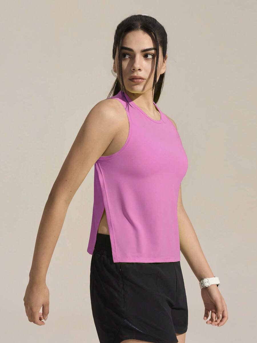 Exploreva Women's New Outdoor Sports Sleeveless Neon Yellow-Green Split Hem Tank Top - Pink - View 1