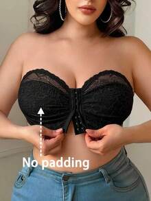 SHEIN 1pc Plus Size Women Lace Patchwork Front Closure Lace Bra - Black - View 3