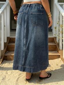 Dazy Plus Washed Distressed A-Line Maxi Denim Skirt With Front Slit, Street Style, Plus Size, Spring/Summer - Medium Wash - View 7