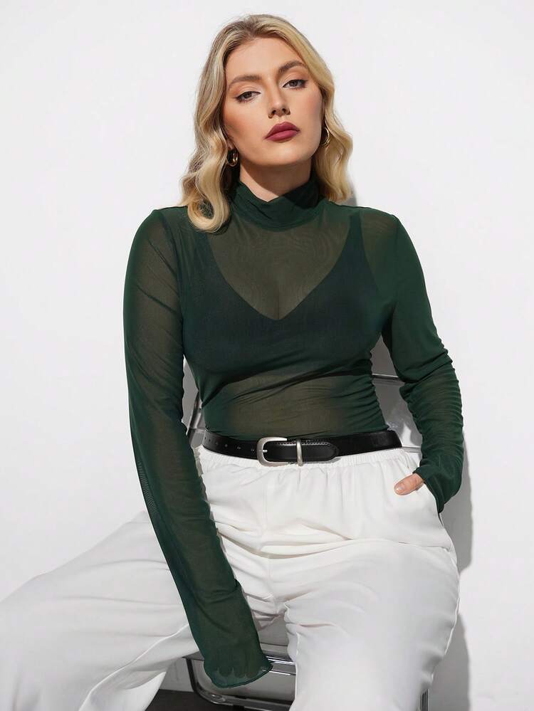 SHEIN Maija Plus Size Women High Neck Long Sleeve Fitted Sheer Blouse, Urban Commute Business Casual Basic Top, Summer Elegant Outfit