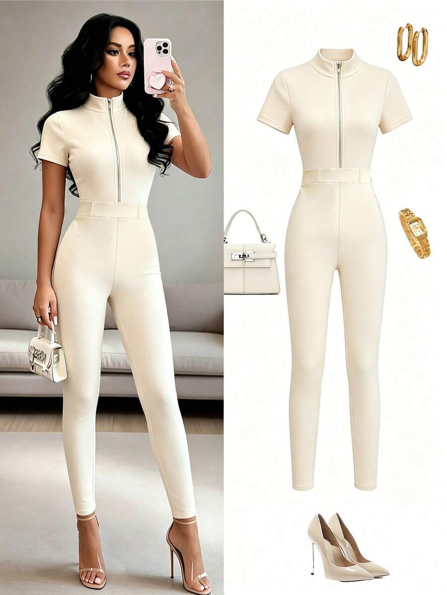 Franclia Women's Front-Zip Bodycon Jumpsuit,Elegant Cream White Summer Brunch Outfits,Solid Color Short Sleeve Casual Suit,Commuting Office Wear,Easter Attire - Apricot - View 1